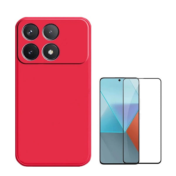 Kit Vidro Premium Full Cover + Capa Silicone Líquido para Xiaomi Poco F6 Pro - Vermelho