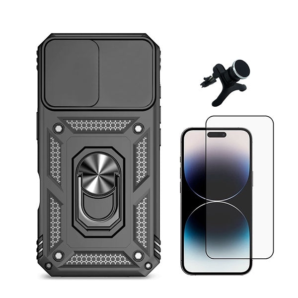 Kit Vidro Premium Full Cover + Capa Magnetic Military Defender Slide + Suporte Magnético de Carro Reforçado para Apple iPhone 16 - Preto
