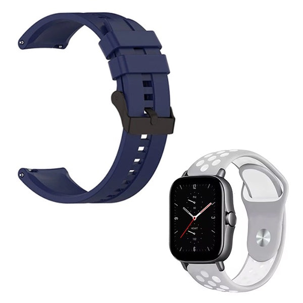 Kit Bracelete SmoothSilicone Com Fivela + SportyStyle Para Amazfit GTS 4 Mini - Azul Escuro / Cinza Branco