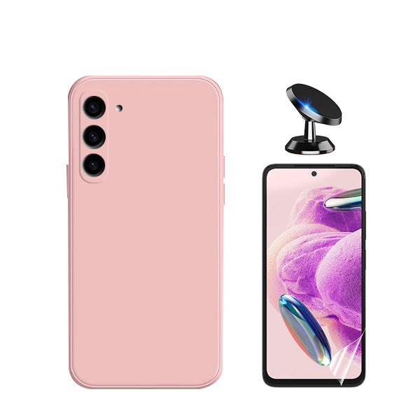 Kit Película Hydrogel Full Cover Frente + Capa Silicone Líquido + Suporte Magnético de Carro para Samsung Galaxy S24 5G - Rosa