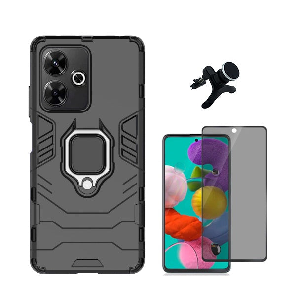Kit Película 5d Anti-Spy + Capa 3x1 Military Defender + Suporte Magnético Reforçado para Xiaomi Redmi 13 - Preto