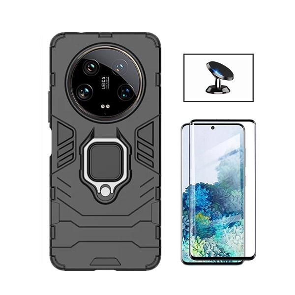 Kit Película de Vidro Temperado Curved + Capa 3X1 Military Defender + Suporte Magnético de Carro para Xiaomi 14 Ultra - Preto