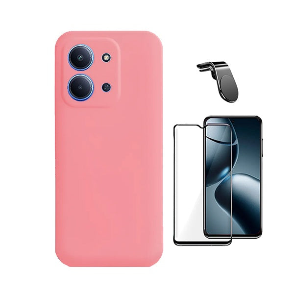 Kit Vidro Temperado + Capa Silicone Líquido + Suporte L PHONECARE Para Xiaomi Poco C85 - Rosa