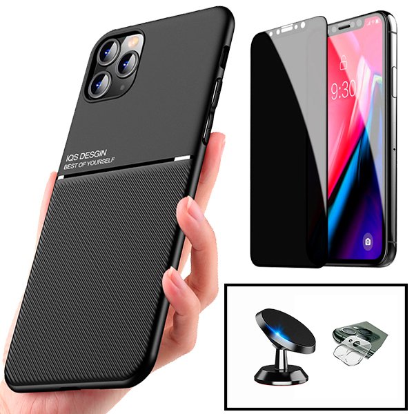 Kit Capa Magnetic Lux + Anti-Spy 5D Full Cover + Película de Câmara Traseira + Suporte Magnético de Carro para Apple iPhone 11