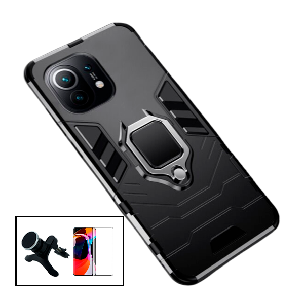Kit Vidro Premium Full Cover + Capa 3X1 Military Defender + Suporte Magnético de Carro Reforçado para Xiaomi Mi 11