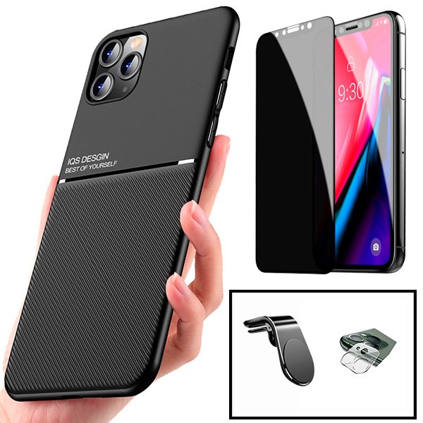 Kit Capa Magnetic Lux + Anti-Spy 5D Full Cover + Película de Câmara Traseira + Suporte Magnético L Safe Driving para Apple iPhone 13 Pro Max