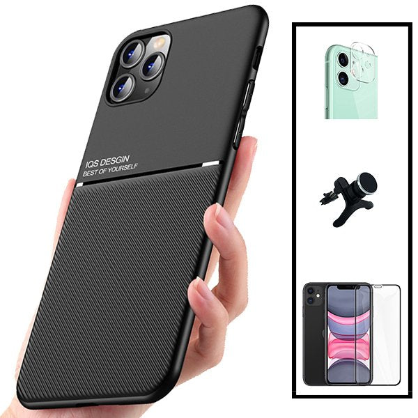 Kit Capa Magnetic Lux + 5D Full Cover + Película de Câmara Traseira + Suporte Magnético de Carro Reforçado para Apple iPhone 12