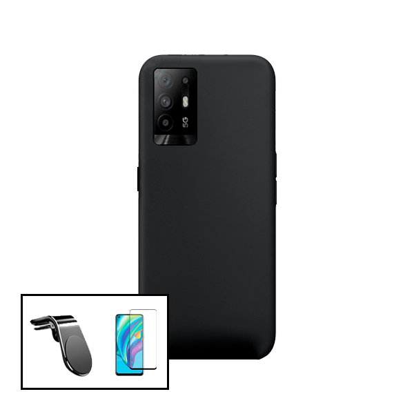Kit Vidro Premium Full Cover + Capa Silicone Líquido + Suporte Magnético L Safe Driving Carro para Oppo Reno5 Z
