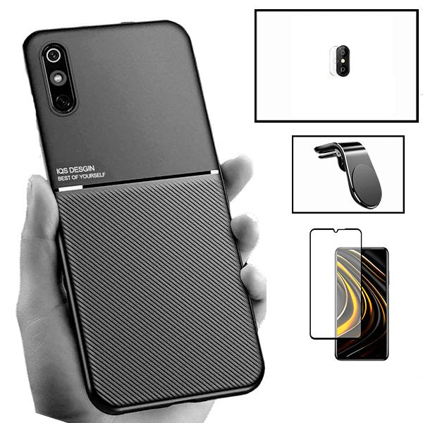 Kit Capa Magnetic Lux + 5D Full Cover + Película de Câmara + Suporte Magnético L Safe Driving para Xiaomi Redmi 9A Sport