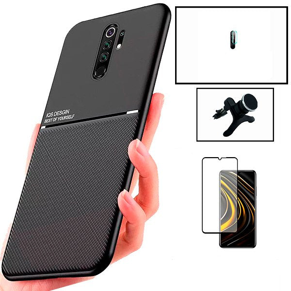 Kit Capa Magnetic Lux + 5D Full Cover + Película de Câmara + Suporte Magnético de Carro Reforçado para Xiaomi Redmi 9 Prime