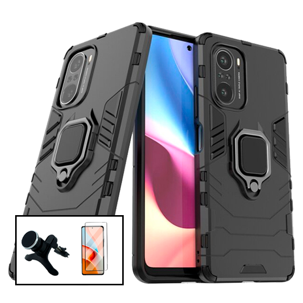 Kit Vidro Premium Full Cover + Capa 3X1 Military Defender + Suporte Magnético de Carro Reforçado para Xiaomi Redmi K40 Pro+ Plus