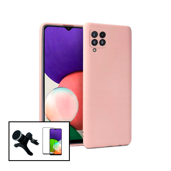 Kit Vidro Premium Full Cover + Capa Silicone Líquido + Suporte Magnético de Carro Reforçado para Samsung Galaxy A22 - Rosa