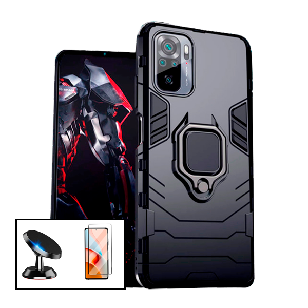 Kit Vidro Premium Full Cover + Capa 3X1 Military Defender + Suporte Magnético de Carro para Xiaomi Redmi Note 10s