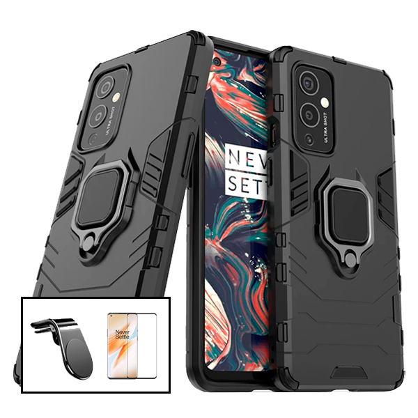 Kit Vidro Premium Full Cover + Capa 3X1 Military Defender + Suporte Magnético L Safe Driving Carro para OnePlus 9