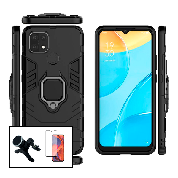 Kit Vidro Premium Full Cover + Capa 3X1 Military Defender + Suporte Magnético de Carro Reforçado para Oppo A15