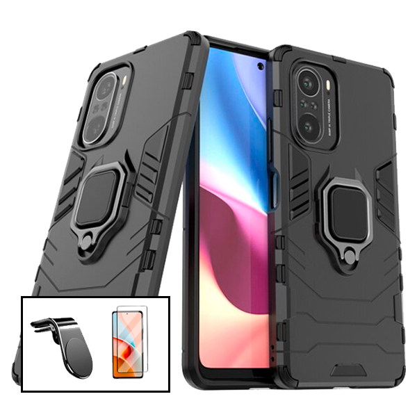 Kit Vidro Premium Full Cover + Capa 3X1 Military Defender + Suporte Magnético L Safe Driving Carro para Xiaomi Redmi K40
