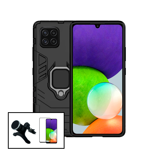 Kit Vidro Premium Full Cover + Capa 3X1 Military Defender + Suporte Magnético de Carro Reforçado para Samsung Galaxy A22