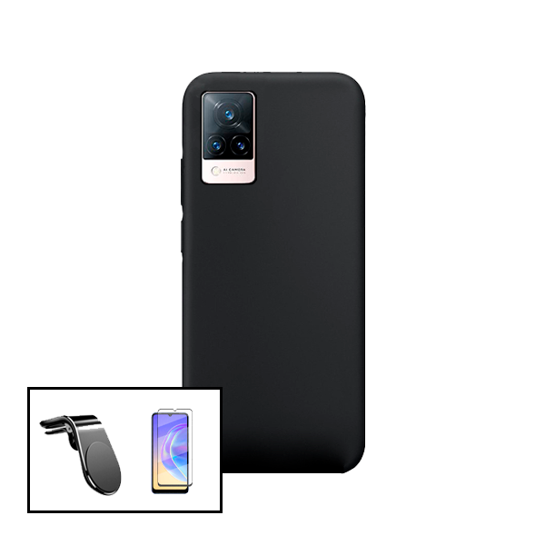 Kit Vidro Premium Full Cover + Capa Silicone Líquido + Suporte Magnético L Safe Driving Carro para Vivo V21 5G