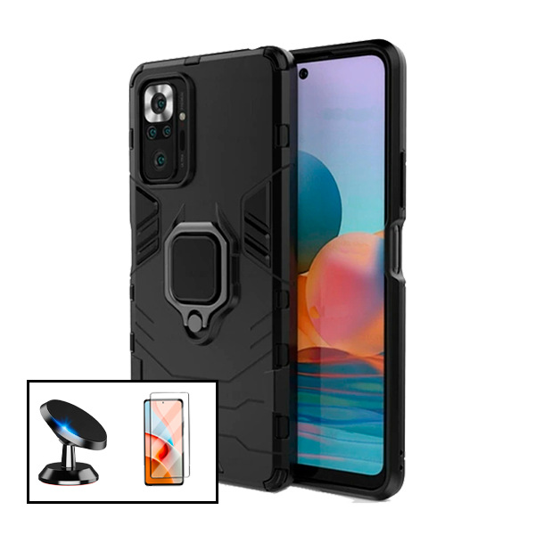 Kit Vidro Premium Full Cover + Capa 3X1 Military Defender + Suporte Magnético de Carro para Xiaomi Redmi Note 10 Pro