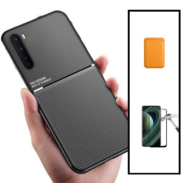 Kit Capa Magnetic Lux + Magnetic Wallet Laranja + 5D Full Cover para OnePlus Nord