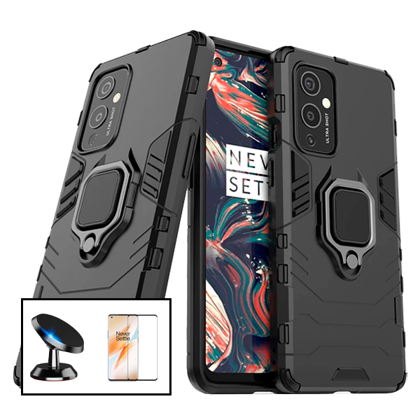 Kit Vidro Premium Full Cover + Capa 3X1 Military Defender + Suporte Magnético de Carro para OnePlus 9