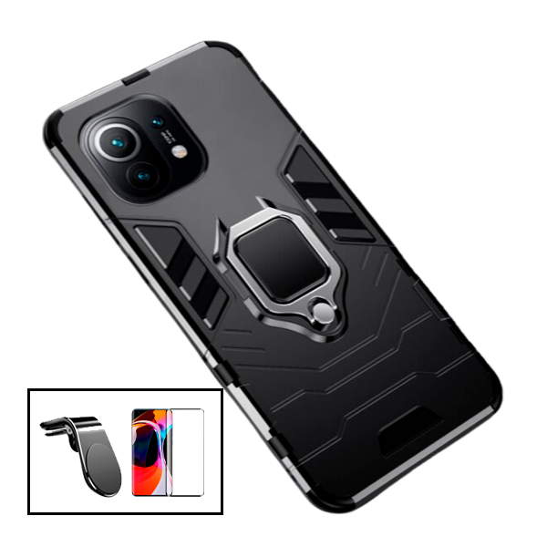 Kit Vidro Premium Full Cover + Capa 3X1 Military Defender + Suporte Magnético L Safe Driving Carro para Xiaomi Mi 11 Lite 5G NE