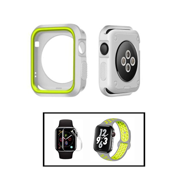 Kit Capa Military DoubleColor + Bracelete SportyStyle + Película de Hydrogel para Apple Watch Series 3 - 38mm - Cinza / Verde Fluorescente