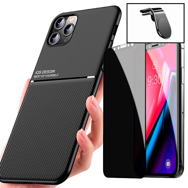 Kit Capa Magnetic Lux + Anti-Spy 5D Full Cover + Suporte Magnético L Safe Driving para Apple iPhone 13 Pro