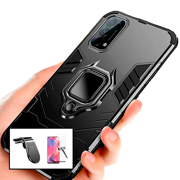 Kit Vidro Premium Full Cover + Capa 3X1 Military Defender + Suporte Magnético L Safe Driving Carro para Oppo Find X3 Lite
