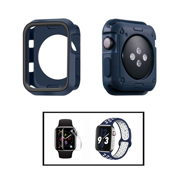 Kit Capa Military DoubleColor + Bracelete SportyStyle + Película de Hydrogel para Apple Watch Series SE - 44mm - Azul Escuro / Preto / Azul Escuro / Branco