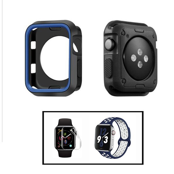 Kit Capa Military DoubleColor + Bracelete SportyStyle + Película de Hydrogel para Apple Watch Series 6 - 40mm - Preto / Azul / Azul / Branco