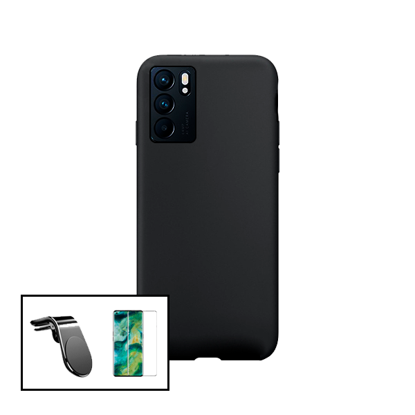 Kit Vidro Premium Full Cover + Capa Silicone Líquido + Suporte Magnético L Safe Driving Carro para Oppo Reno6 Pro 5G