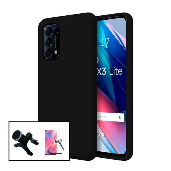 Kit Vidro Premium Full Cover + Capa Silicone Líquido + Suporte Magnético de Carro Reforçado para Oppo Find X3 Lite