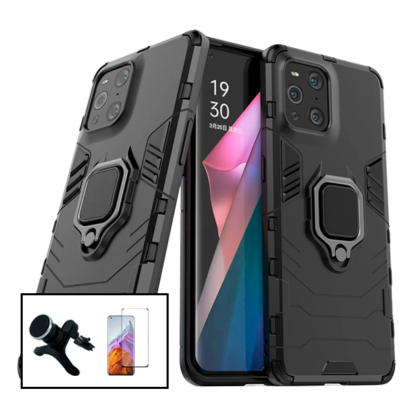 Kit Vidro Premium Full Cover + Capa 3X1 Military Defender + Suporte Magnético de Carro Reforçado para Oppo Find X3