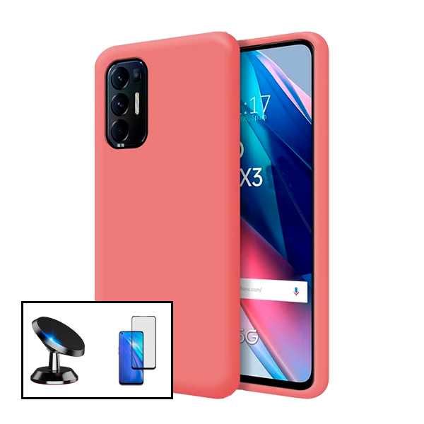 Kit Vidro Premium Full Cover + Capa Silicone Líquido + Suporte Magnético de Carro para Oppo Reno5 Pro+ 5G - Rosa