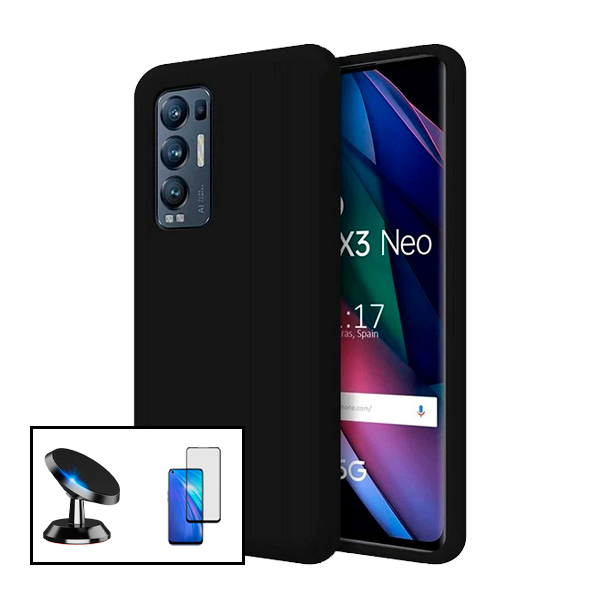 Kit Vidro Premium Full Cover + Capa Silicone Líquido + Suporte Magnético de Carro para Oppo Find X3 Neo