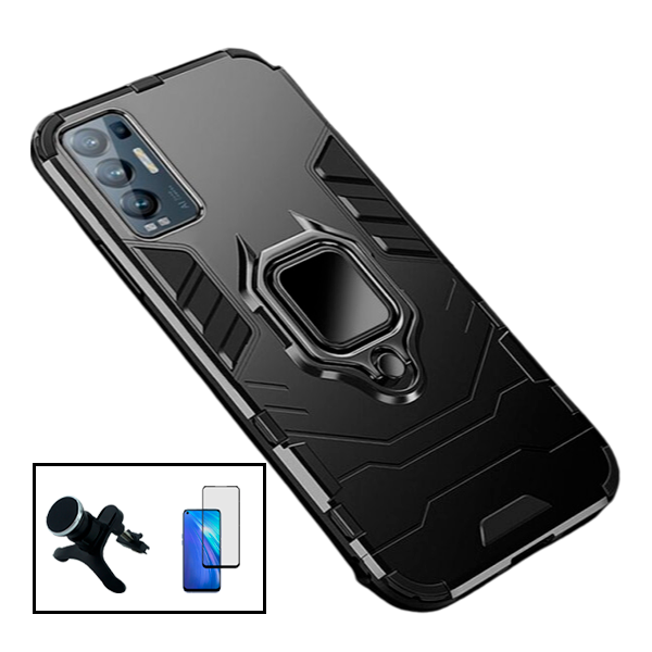 Kit Vidro Premium Full Cover + Capa 3X1 Military Defender + Suporte Magnético de Carro Reforçado para Oppo Reno5 Pro+ 5G