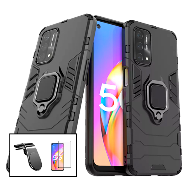Kit Vidro Premium Full Cover + Capa 3X1 Military Defender + Suporte Magnético L Safe Driving Carro para Oppo A93 5G