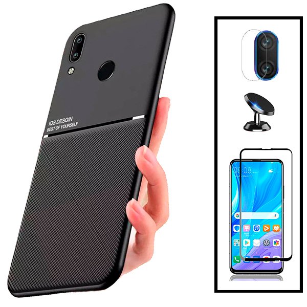 Kit Capa Magnetic Lux + 5D Full Cover + Película de Câmara Traseira + Suporte Magnético de Carro para Huawei P Smart 2019
