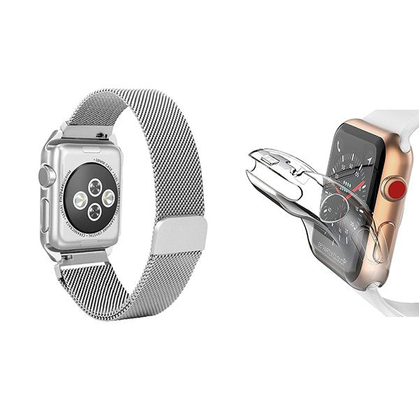 Kit Bracelete Milanese Loop Fecho Magnético + Capa 360° Impact Protection para Apple Watch Series 9 Aluminum - 45mm - Preto