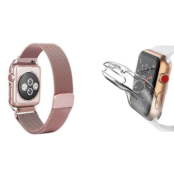 Kit Bracelete Milanese Loop Fecho Magnético + Capa 360° Impact Protection para Apple Watch Series 11 - 42mm - Rosa / Transparente