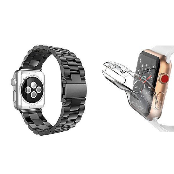 Kit Bracelete Aço Stainless Lux + Ferramenta + Capa 360° Impact Protection para Apple Watch Series 9 Aluminum - 41mm - Preto
