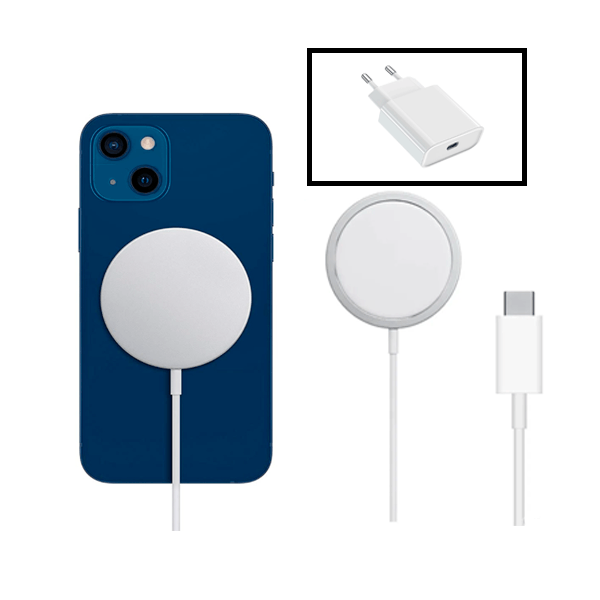 Kit Base Carregador Type C FastCharge 20W + Magnetic Wireless Fast Charger para Apple iPhone 13 Mini - Branco