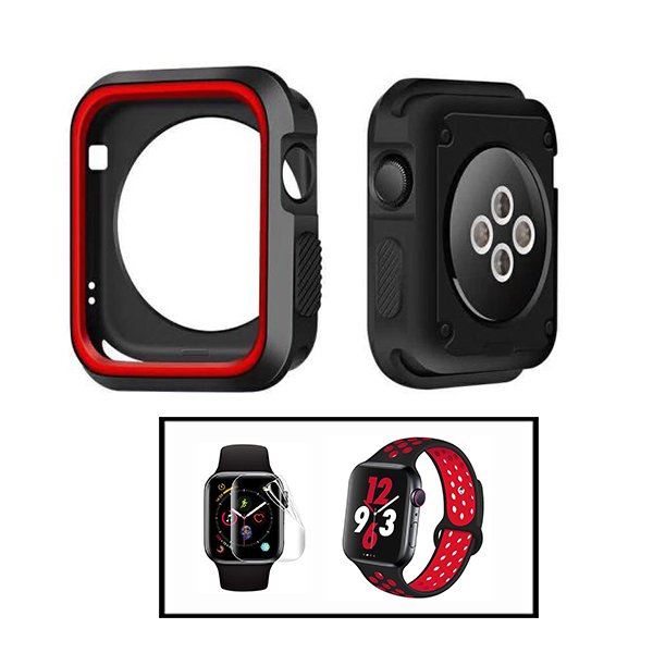 Kit Capa Military DoubleColor + Bracelete SportyStyle + Película de Hydrogel para Apple Watch Series 5 - 40mm - Preto / Vermelho