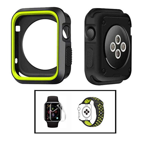 Kit Capa Military DoubleColor + Bracelete SportyStyle + Película de Hydrogel para Apple Watch Series 5 - 44mm - Preto / Verde Fluorescente