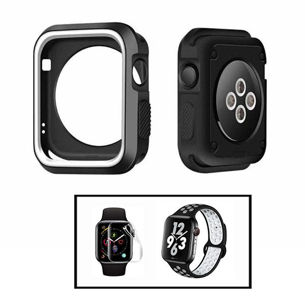 Kit Capa Military DoubleColor + Bracelete SportyStyle + Película de Hydrogel para Apple Watch Series 7 - 41mm - Preto / Branco