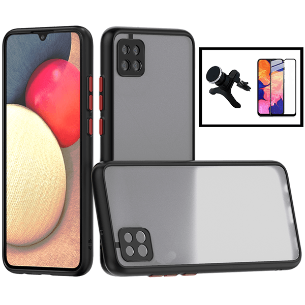 Kit Capa Anti Choque Camera Protection + Película 5D Full Cover + Suporte Magnético Reforçado de Carro para Samsung Galaxy A12 - Preto