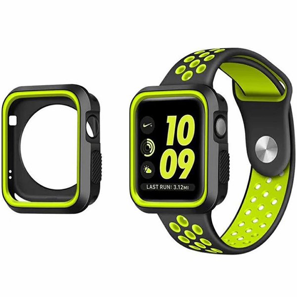 Kit Capa Military DoubleColor + Bracelete SportyStyle para Apple Watch Series 3 - 38mm - Preto / Verde Fluorescente
