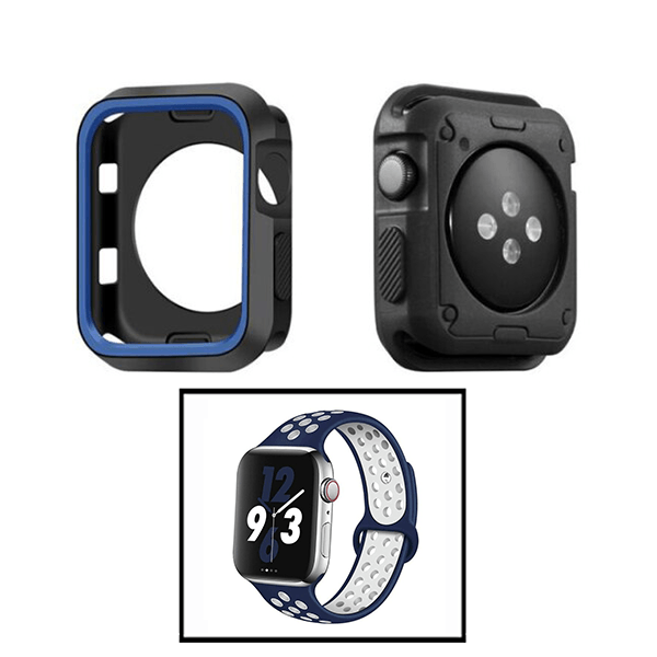 Kit Capa Military DoubleColor + Bracelete SportyStyle para Apple Watch Series 4 - 44mm - Preto / Azul Escuro / Azul Escuro / Branco