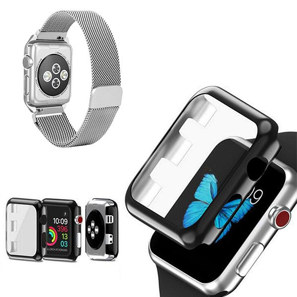 Kit Bracelete Milanese Loop Fecho Magnético + Capa Anti-Impacto para Apple Watch Series 7 - 41mm - Cinza